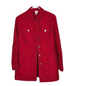Chicos Size S Rich Red Elongated Jacquard Jean Jacket w/ Floral Imprint